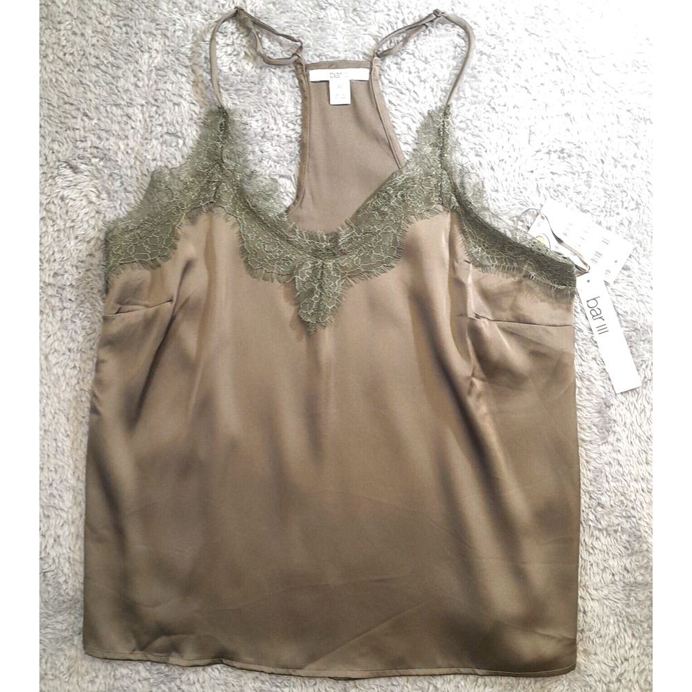 Bar III Womens Petite Small Lace-Trim Racerback Satin Camisole Olive Green